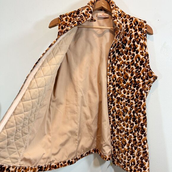 Quacker Factory Brown Leopard Print Quilted Sequin Lined Large Vest Glamour - Picture 5 of 13